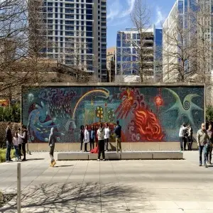 The mosaic by artist Miguel Covarrubias, Genesis, Gift of Life at the Dallas Museum of Art is a complex mix of colours and lights and shadows.