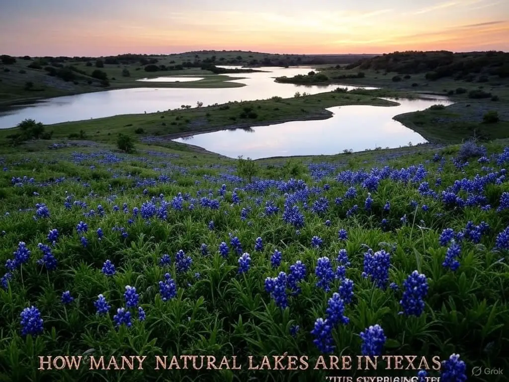 A landscape image featuring a serene Texas scene with multiple natural lakes reflecting the sky, surrounded by rolling hills. The foreground is filled with native Texas plants, including vibrant bluebonnets, under a clear sky with a touch of sunset. The title text 'How Many Natural Lakes Are in Texas: The Surprising Truth' is centered in a bold, rustic font in white with a subtle shadow, conveying curiosity and the unexpected nature of the topic.