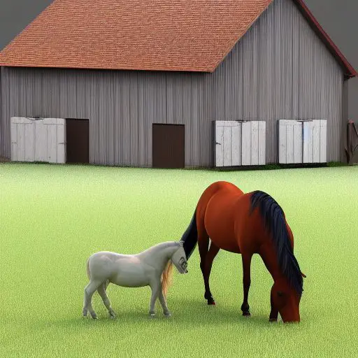 horse and foal eating outside of barn