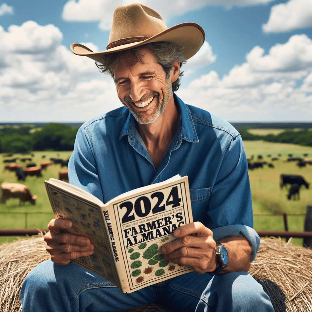 Happy Texas Farmer reading the 2024 Farmer's Almanac sitting on a haybale with Cows in the background