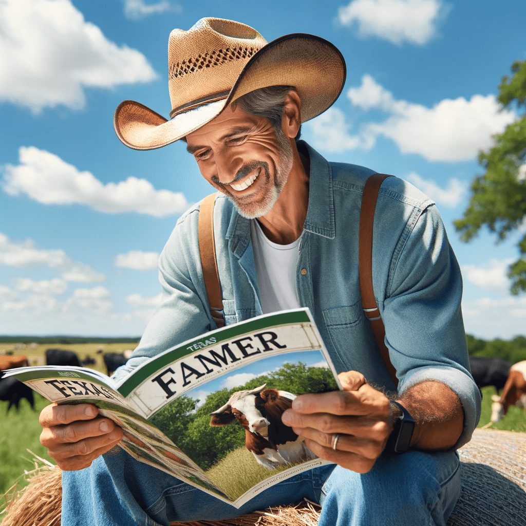 Farmer with Straw Cowboy hat reading the 2024 Farmer's Almanac Guide with a smile and suspenders sitting on a bale of hay with a wedding ring on.