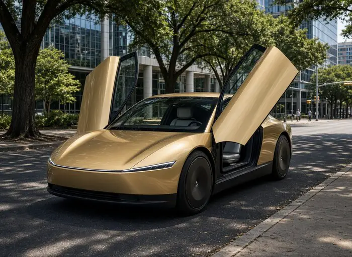 Tesla Cybercab Austin gold two-seater with butterfly doors on an Austin street