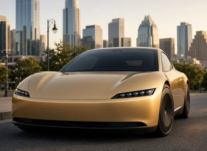 Gold Tesla Cybercab parked in front of the Austin skyline