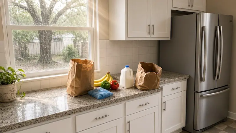 San Antonio kitchen after a storm, with groceries on a granite counter next to a closed stainless steel refrigerator, for Bexar County SNAP replacement benefits