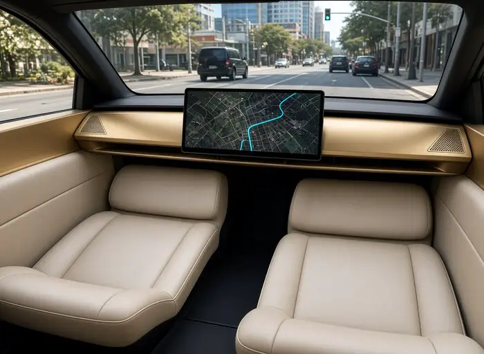 Tesla Cybercab cabin with two seats facing a large map screen and an Austin street ahead