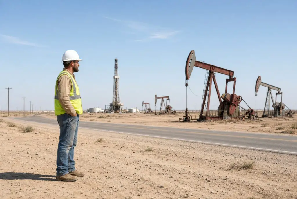 Texas energy worker in a white hard hat and safety vest standing by a West Texas oil field in daylight.