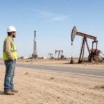 Texas energy worker in a white hard hat and safety vest standing by a West Texas oil field in daylight.