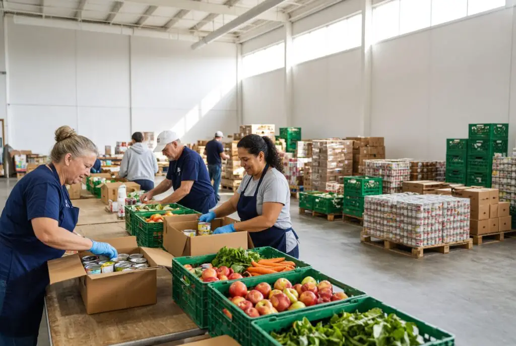Volunteers packing food boxes inside a bright Texas food bank warehouse