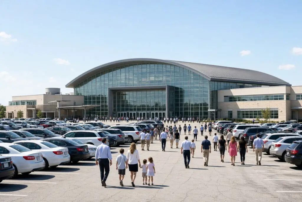 Worshippers walking into a large Houston-style Texas megachurch campus on a sunny Sunday.
