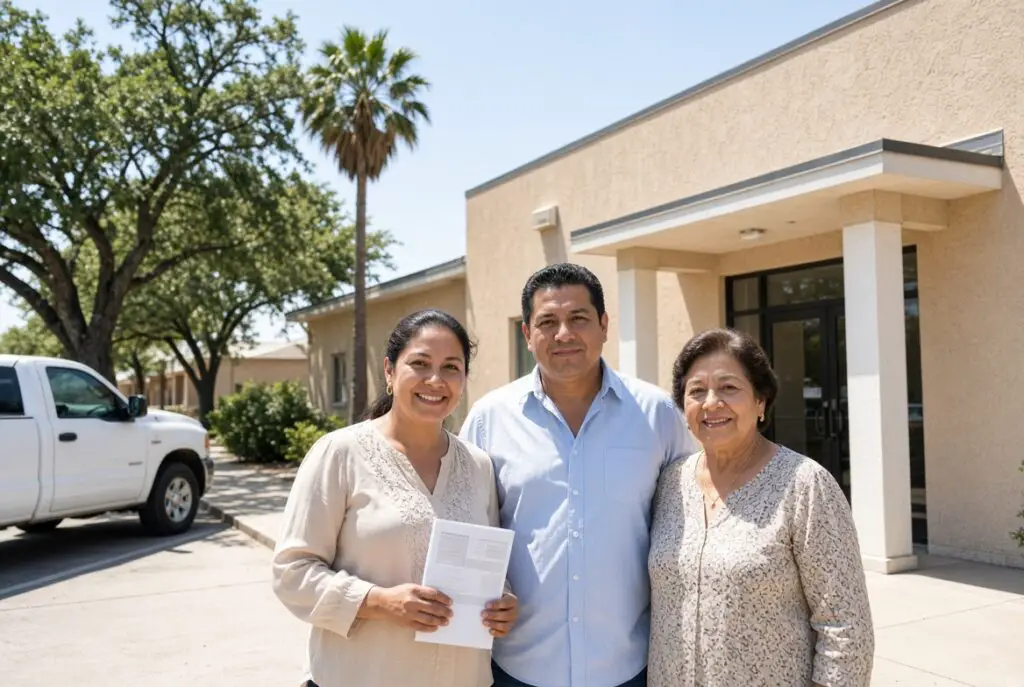 Hispanic Texas voters standing outside a South Texas civic building in bright daylight.
