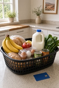 Basket of groceries and a face-down card showing Texas SNAP benefits 2026 food items Title: Texas SNAP benefits 2026 groceries